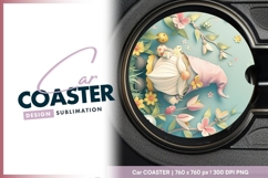 Whimsical garden gnome with floral accents round car coaster Product Image 1