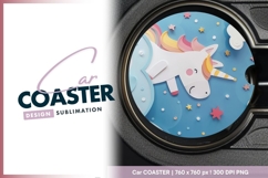 Cute unicorn paper cut illustration for round car coaster Product Image 1
