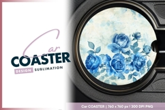 Watercolor blue roses round car coaster png Product Image 1