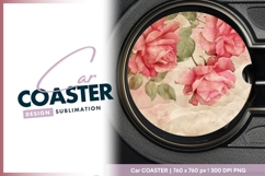 Pink roses floral design on round textured round car coaster Product Image 1