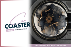 Black and gold floral ink abstract round car coaster Product Image 1