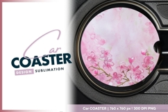 Watercolor pink cherry blossoms round car coaster png Product Image 1