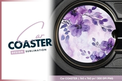 Watercolor floral round design purple round car coaster Product Image 1