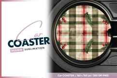 Christmas plaid with berries and pine round car coaster png Product Image 1