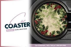 Vintage christmas holly and berry round car coaster png Product Image 1