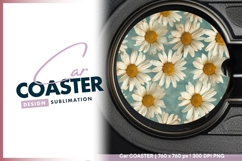 Daisy flowers pattern on textured Round car coaster png Product Image 1