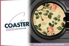 Pink roses on beige textured background round car coaster Product Image 1