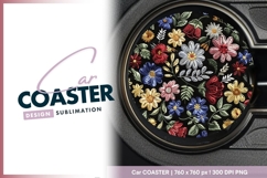 Colorful embroidered flower pattern round car coaster Product Image 1