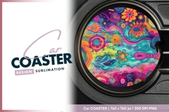 Vibrant psychedelic flower power round car coaster Product Image 1