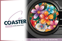 Colorful floral illustration round car coaster png Product Image 1