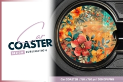 Watercolor floral design round car coaster png Product Image 1