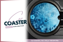 Floral round car coaster in blue hue round car coaster Product Image 1