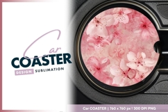 Pink cherry blossoms grunge floral round car coaster Product Image 1