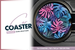 Tropical leaves watercolor background round car coaster Product Image 1