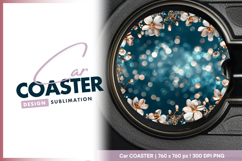 Floral frame on teal bokeh round car coaster Product Image 1