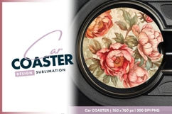 Pink peonies floral round car coaster png Product Image 1