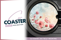Pink poppy floral design round car coaster Product Image 1