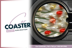 Colorful paper tulips round car coaster png Product Image 1