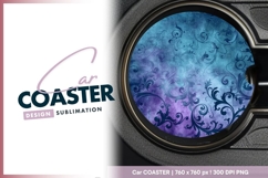 Purple blue floral ornament round car coaster Product Image 1