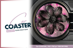 Black flower on pink artistic round car coaster Product Image 1