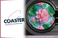 Pink lotus flowers and green leaves round car coaster Product Image 1