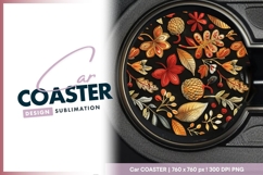 Decorative autumn leaves on black round car coaster Product Image 1