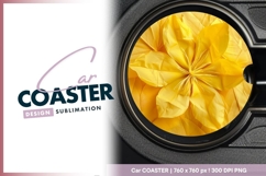 Abstract bright yellow flower round car coaster Product Image 1