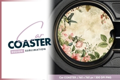 Vintage floral bird round car coaster png Product Image 1