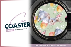 Easter bunny with eggs round car coaster Product Image 1