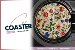 Embroidered floral design round car coaster png Product Image 1