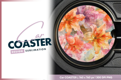 Watercolor lily floral pattern round car coaster Product Image 1