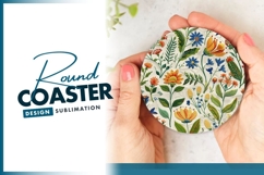 Embroidered Floral Design with Orange Blue Round Coaster Png Product Image 1