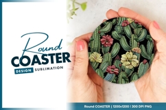 Round Cactus Floral Pattern in Green Yellow Coaster Png Product Image 1