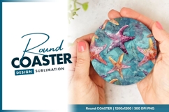 Watercolor Starfish on Blue Background Round Coaster Png Product Image 1