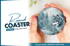 Wolf portrait in winter forest scene round coaster png Product Image 1