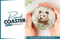 Watercolor Bear Portrait With Floral Round Coaster Product Image 1