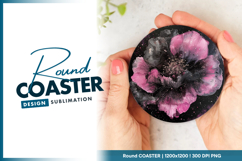 Pink and black abstract floral on black round coaster png Product Image 1