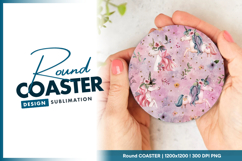 Unicorns floral watercolor pink seamless round coaster png Product Image 1