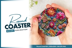 Embroidered Floral Design on Teal Fabric Round Coaster Png Product Image 1