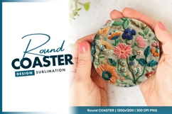 Embroidered Floral Design on Beige Fabric Round Coaster Png Product Image 1