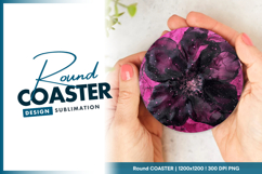 Abstract black flower on pink alcohol ink round coaster png Product Image 1