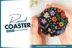 Colorful Embroidered Flowers on Black Fabric Round Coaster Product Image 1