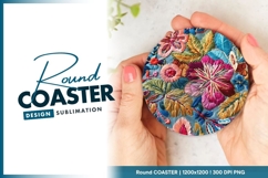 Colorful Embroidered Floral Design on Round Coaster Png Product Image 1