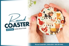 Cartoon Farm Animals and Flowers on a Round Coaster Png Product Image 1