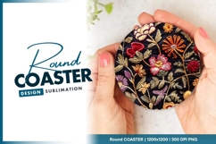 Embroidered Floral Design on Black Fabric Round Coaster Png Product Image 1