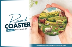 Farm Scene Illustration with Barn Animals Round Coaster Png Product Image 1