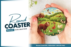 Cartoon Farm Scene with Animals Barn Round Coaster Png Product Image 1