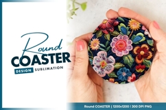 Embroidered Floral Design on a Navy Blue Round Coaster Png Product Image 1