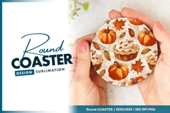 Pumpkins Pie and Autumn Leaves on Round Coaster Png Product Image 1