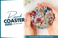 Colorful Embroidered Floral Design on White Round Coaster Product Image 1